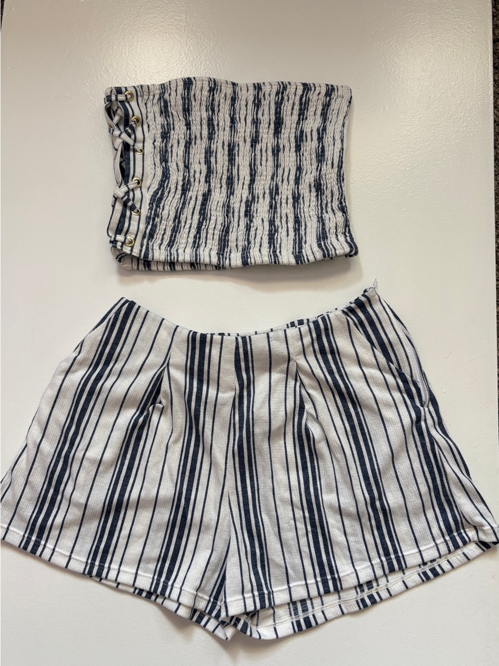 Peixoto Navy and White Striped Mini Skirt-Style Shorts Set with Bandeau Top